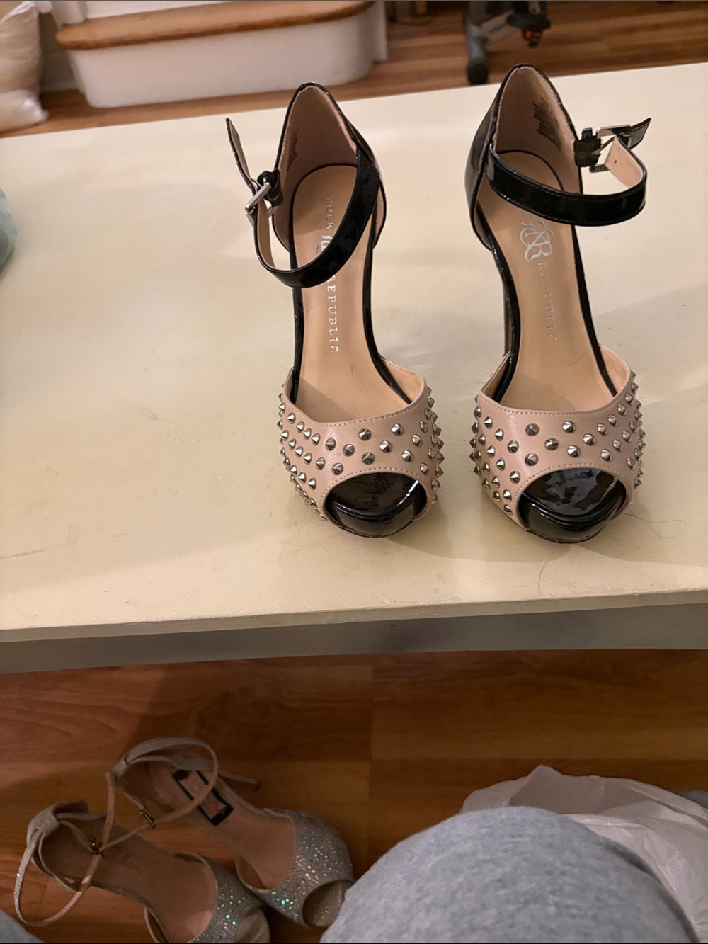Rock & Republic Black and Blush Studded Peep-Toe Ankle-Strap Heels